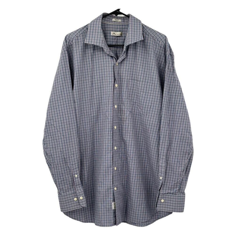 Peter Millar Shirt Mens XL Button Up Blue Purple Plaid Long Sleeve Cotton Preppy